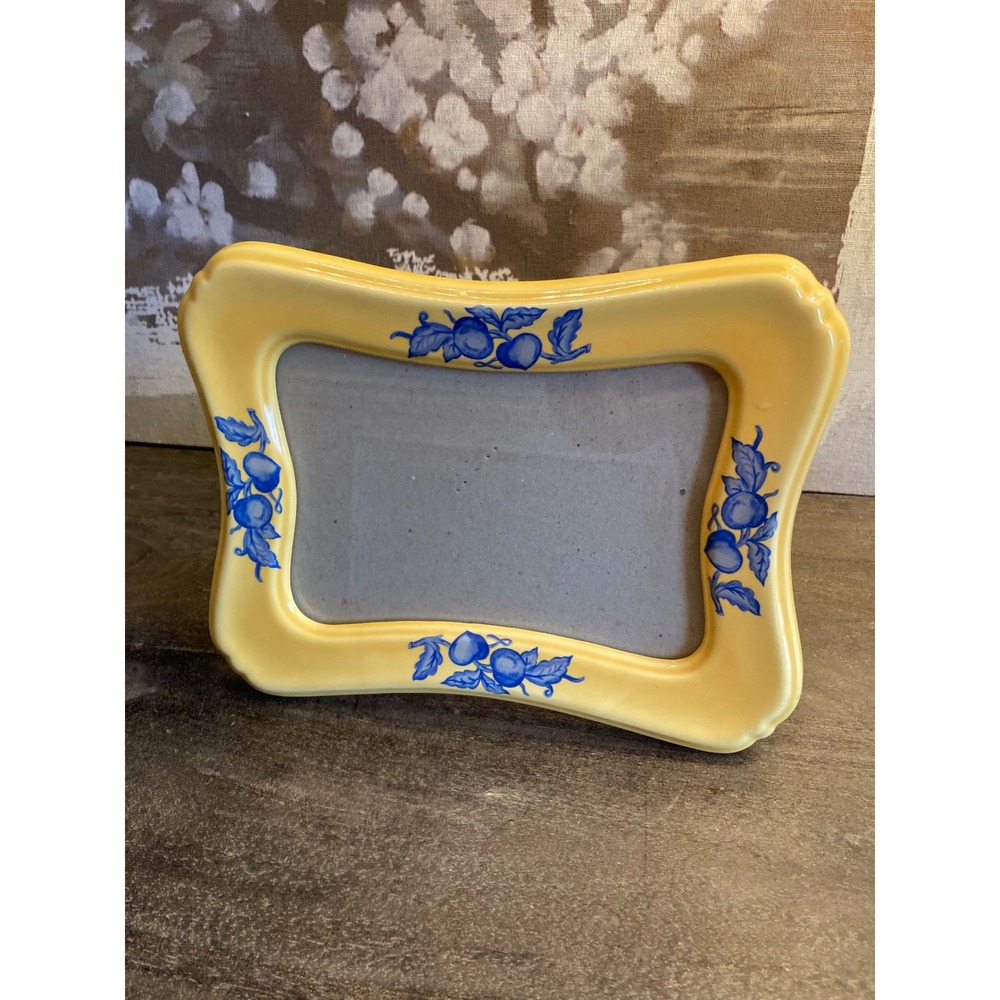 Philip Whitney Yellow Ceramic Photo Frame Blue Fruit Scalloped 7x9.5 Landscape